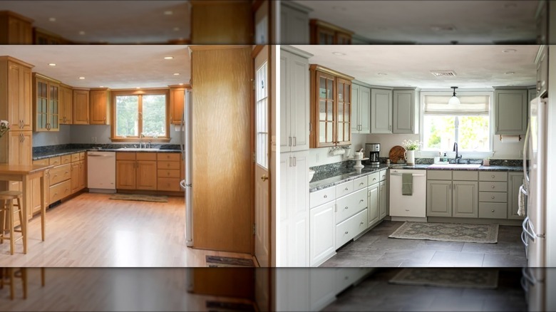 Kitchen with wooden cabinets and pantry next to same kitchen with cabinets painted mint green