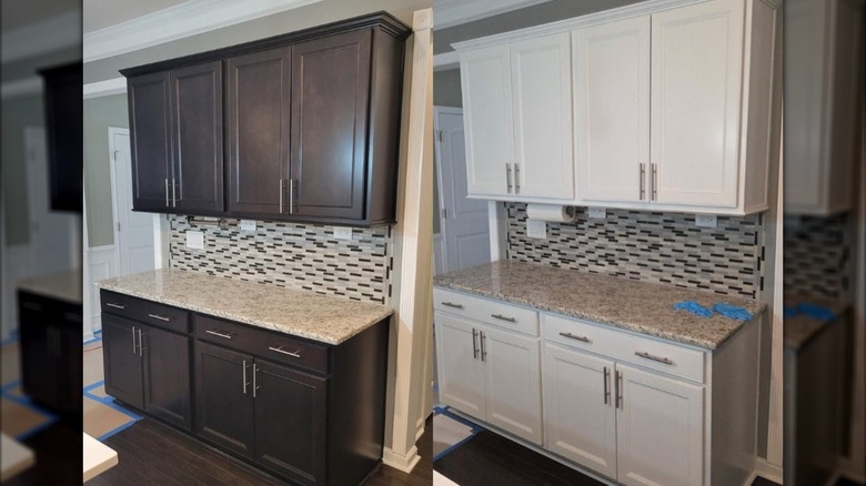 Photo composite of kitchen with dark wood cabinets next to same kitchen with cabinets painted white