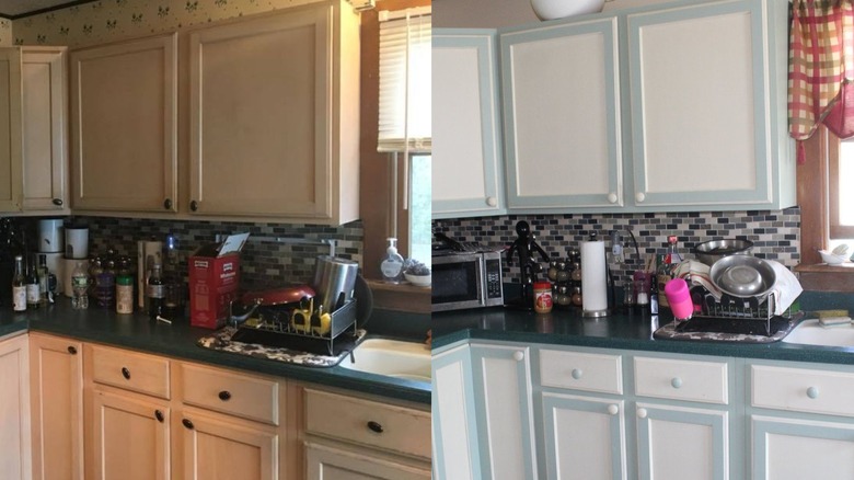 Photo of kitchen with wooden cabinets next to same kitchen with cabinets painted white with pale blue borders