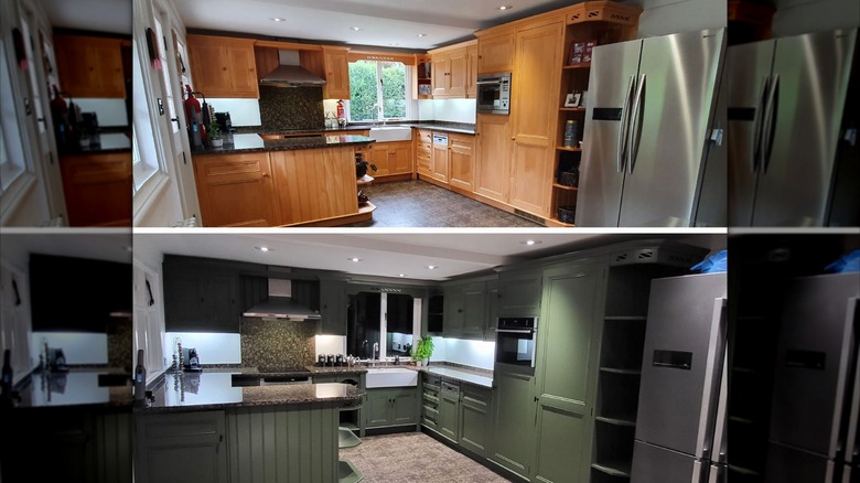 Two before and after photos of kitchen, one with light wood cabinets and the other with the cabinets painted green