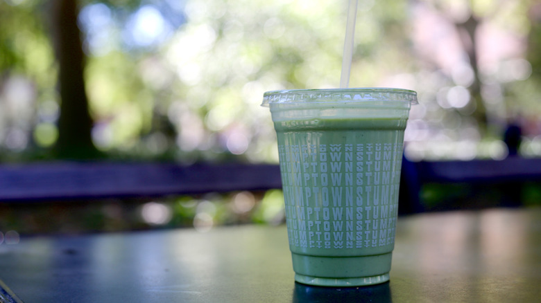 Stumptown Coffee Roasters iced matcha latte in a plastic cup on table