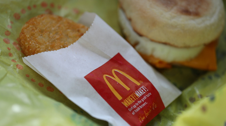 McDonald's hash brown and breakfast sandwich on wrapper
