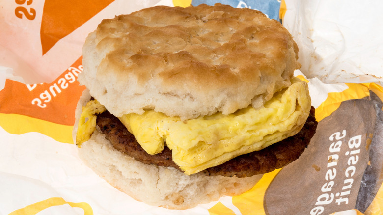 McDonald's sausage and egg biscuit on wrapper