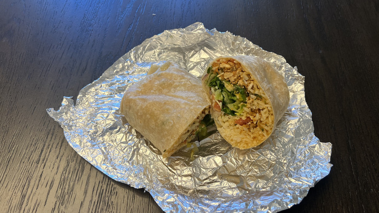 Chipotle burrito with sofritas, veggies, and rice.