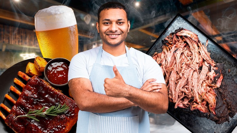 Barbecue chef with smoked meats and beer 