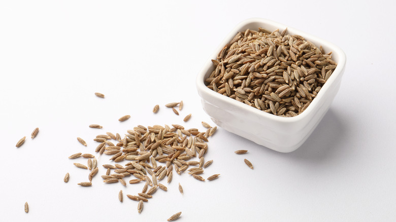 Cumin seeds in small white bowl on white background