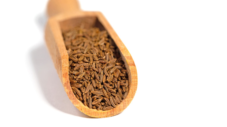 Cumin seeds in wooden scoop