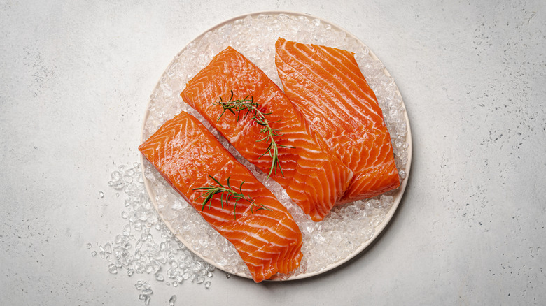 raw salmon fillets and herbs on plate
