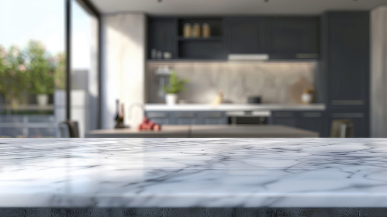 Marble countertop in a sunny kitchen