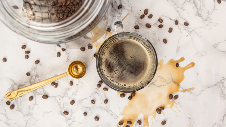 Coffee spill on marble countertop