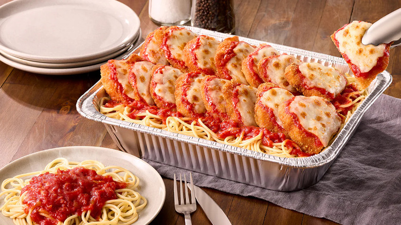 Chicken parmigiana from Olive Garden in to-go tray