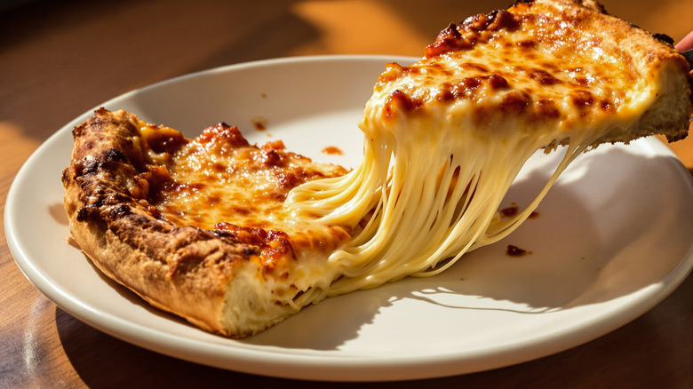 Deep dish pizza with lots of cheese on white plate