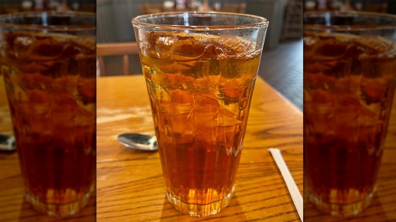 Iced tea in a glass on a table at Cracker Barrel