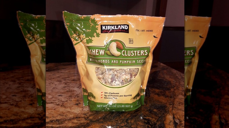 Bag of Kirkland Signature Cashew Clusters with Almonds and Pumpkin Seeds on countertop