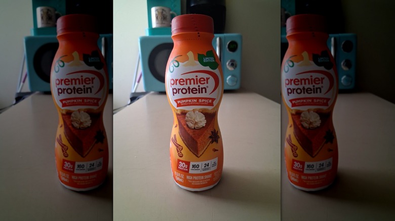 Bottle of Pumpkin Spice Premier Protein Shake on countertop