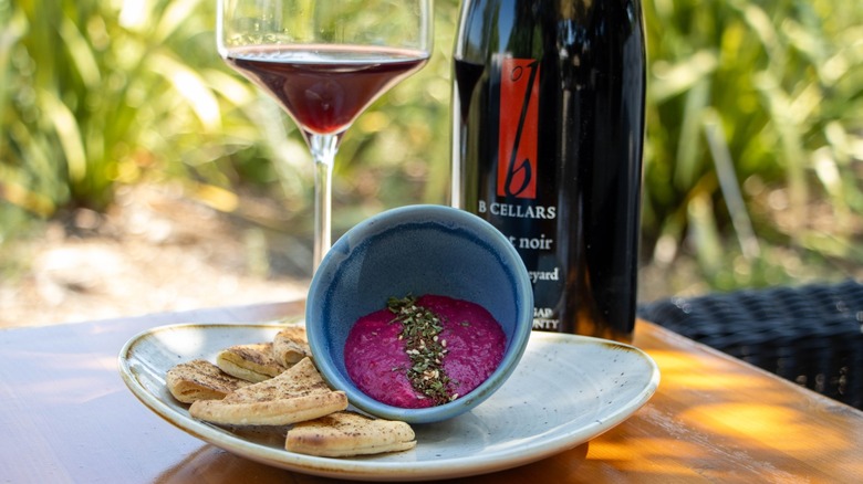 B Cellars Pinot Noir with beet hummus