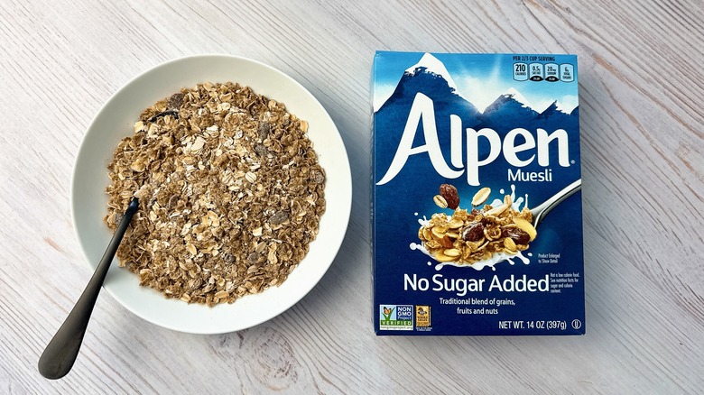 box of Alpen muesli and bowl of cereal