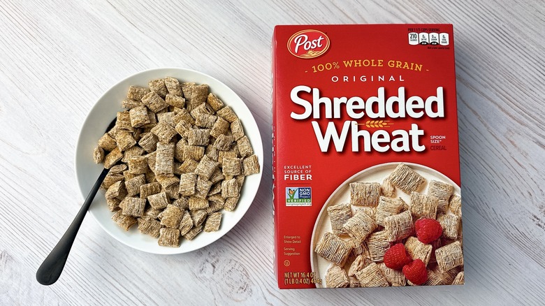 box of Post shredded wheat and bowl of cereal