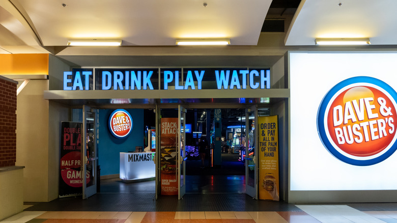 Exterior of Dave & Buster's restaurant with Eat Drink Play Watch above doors