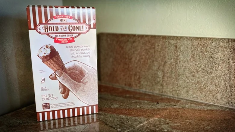 A box of Trader Joe's Mini Hold the Cone! Ice Cream Cones on a granite countertop
