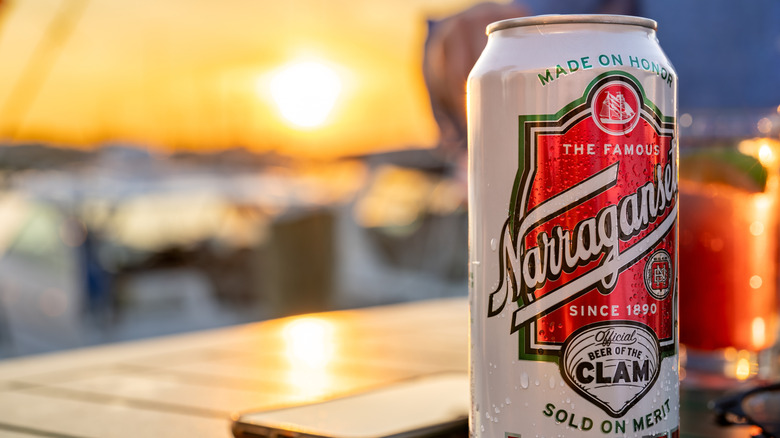 Can of Narragansett Beer with summer sunset background.