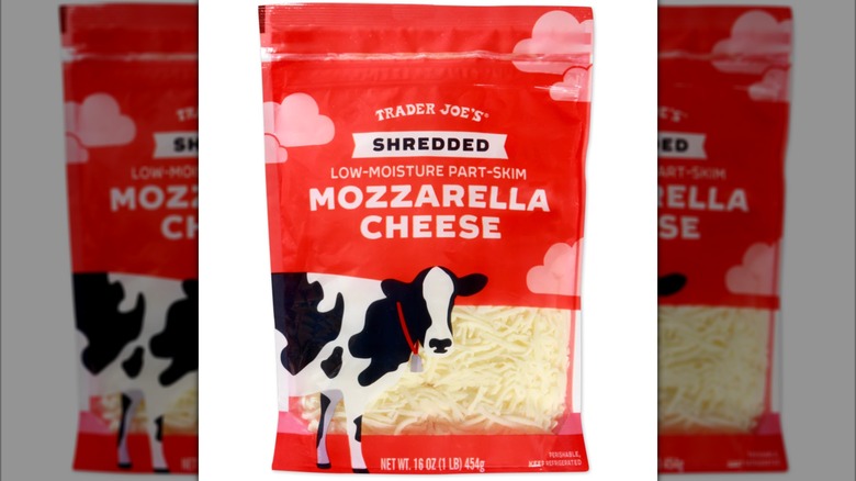 A bag of Trader Joe's shredded mozzarella cheese and snacks made with cheese