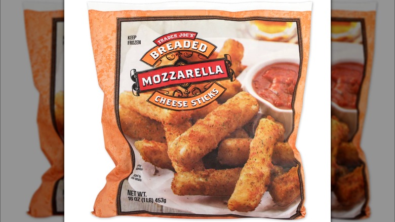 The outside of a bag of frozen mozzarella sticks from Trader Joe's