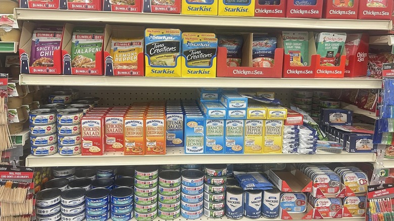 Canned fish on display at Dollar Tree store