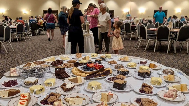 a hot buffet table and salad bar at yoder's restaruant and buffet
