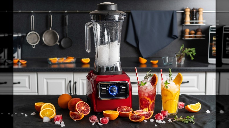 Red blender with crushed ice, with fruit juice and halved citrus fruits on the counter top