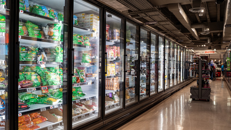 Frozen fridge aisle in a grocery store