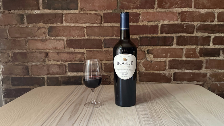 Bottle of Bogle Merlot on wooden table