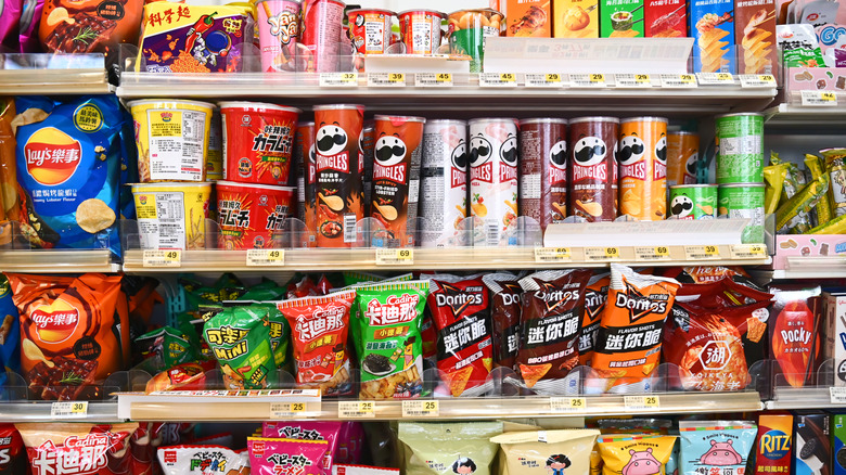 Variety of snack foods on store shelves