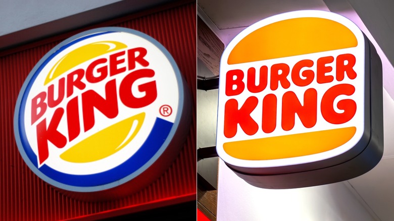 Burger King red, yellow, and blue logo on red background next to retro style Burger King yellow and red sign