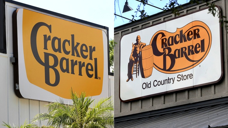 Original Cracker Barrel restaurant sign next to sign with redesigned simple logo