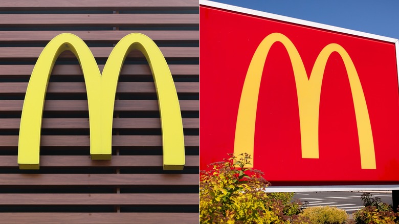 McDonald's yellow "M" logo on brown building next to logo on large red sign
