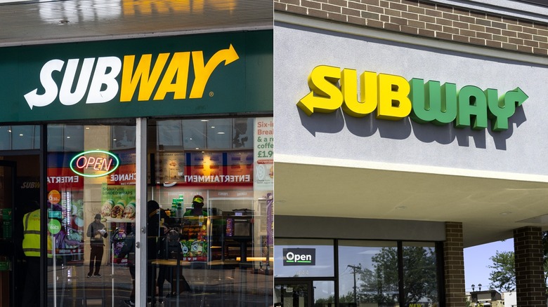 Subway store with awning showing slanted logo next to green Subway restaurant with new sign design