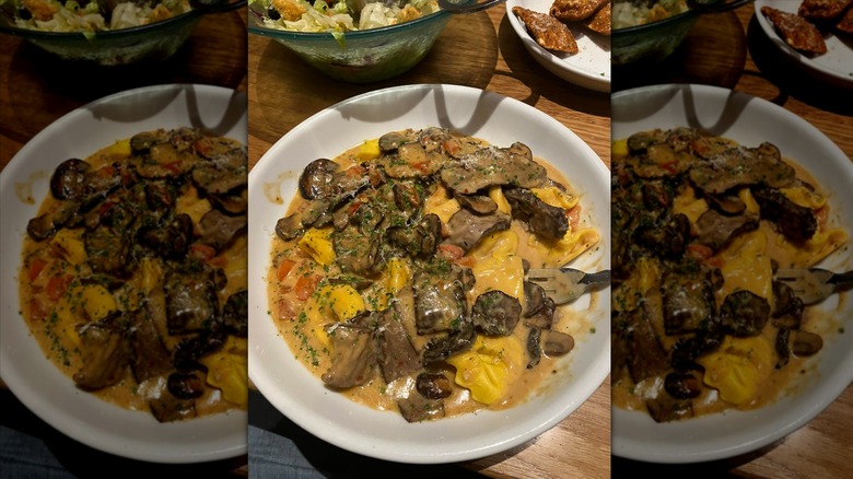 Braised beef tortelloni from Olive Garden on white dish