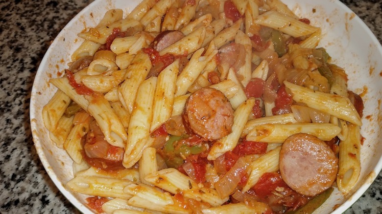 Copycat Olive Garden grilled sausage and peppers rustica in white bowl
