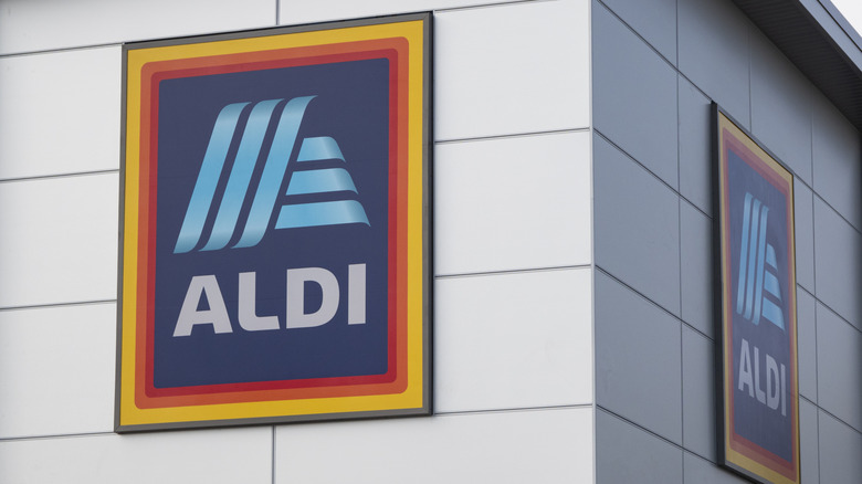 The Aldi corporate logo displayed on a sign on storefront