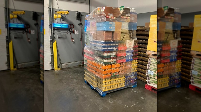 Mirrored image of stacked pallet in Aldi warehouse
