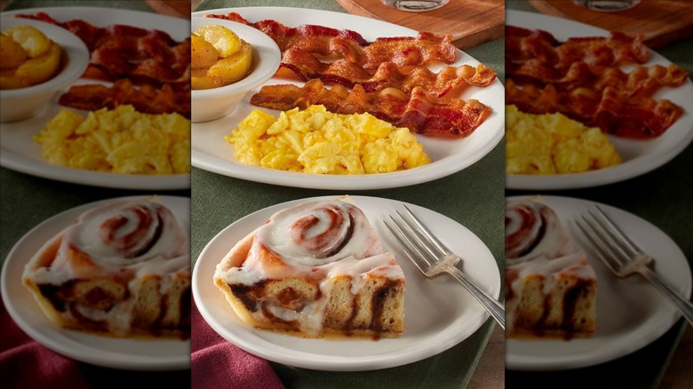 Breakfast dishes on white plates at Cracker Barrel