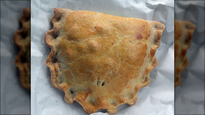 Close-up of Forfar bridie with scalloped edges