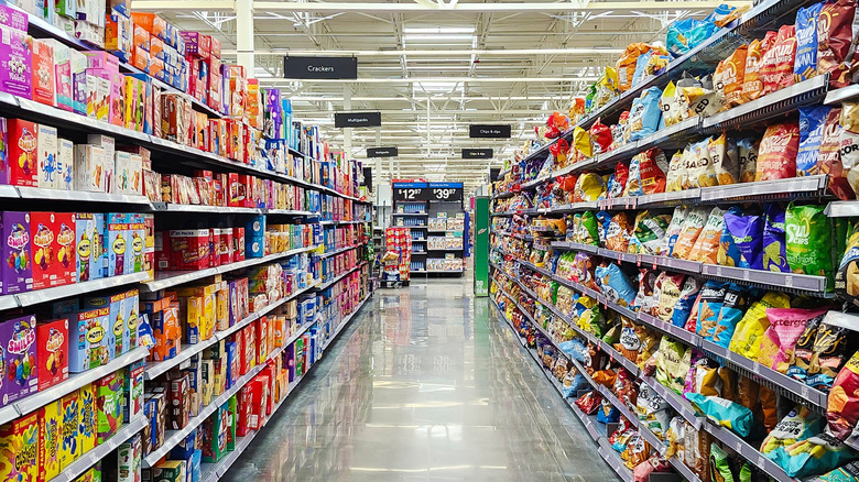 The snacks and chips section inside a Walmart