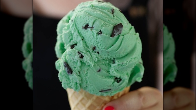 Mint ice cream with chocolate pieces.