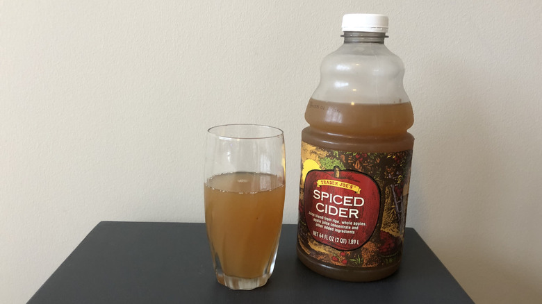 Trader Joe's spiced cider in a glass.
