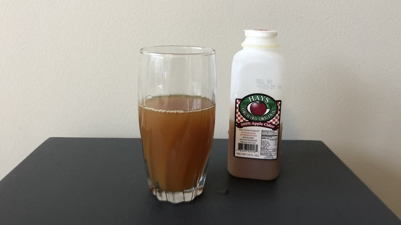 Hays Orchard Original 100% apple cider in a glass.