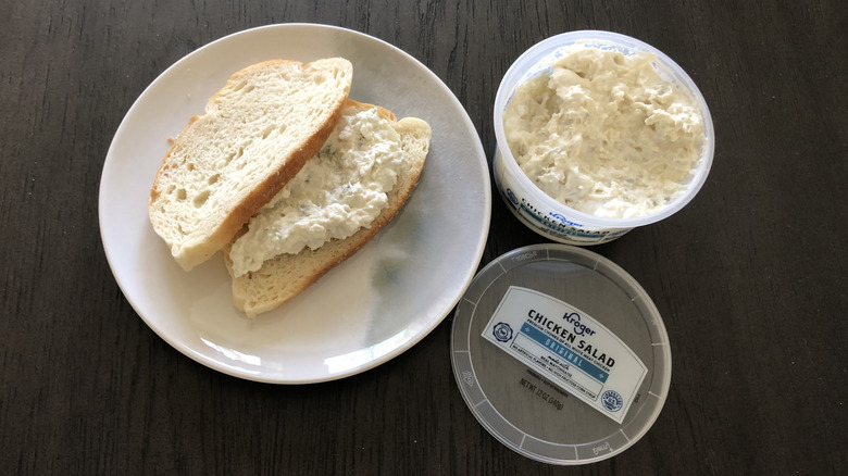 Kroger original chicken salad on a sandwich on a plate