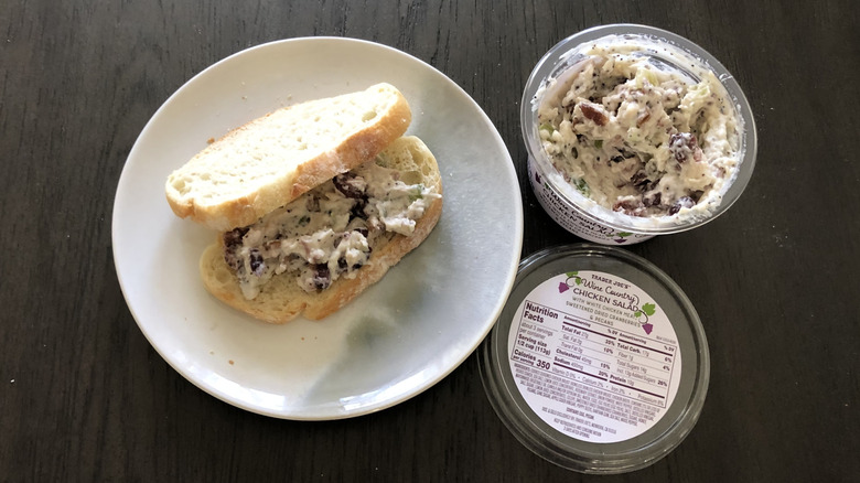 Trader Joe's Wine Country chicken salad on a sandwich on a plate