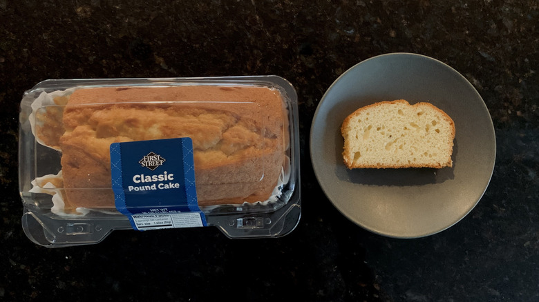 Smart and Final First Street Classic Pound Cake slice on a plate with packaged loaf